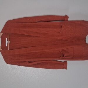Max Studio Cardigan Sweater Open Front Fall Autumn Pumpkin Orange Waffle Knit M